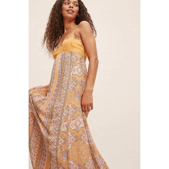 Anthropologie Calida Maxi Dress Size 4P Dark Yellow Print Festival Boho Vacation - Picture 4 of 14
